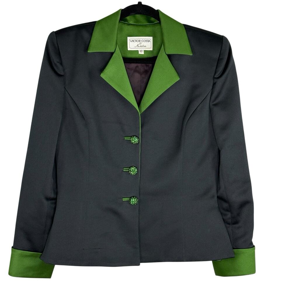VICTOR COSTA Nahdree Size 10 Blazer Satin Rhinestone Formal Black Green USA